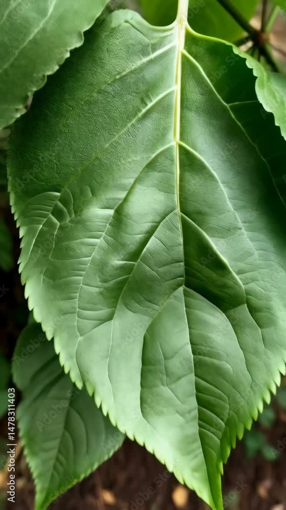 Poster close up macro view of green leaves showing veins and textured surface, natural vibrant color, and o