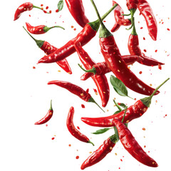 Fresh red chili peppers flying isolated on transparent or white background. A high resolution PNG image of Fresh red chili peppers flying.