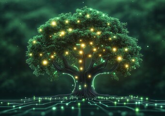 Futuristic glowing tree with digital circuit roots and branches emitting yellow and green lights in a dark environment