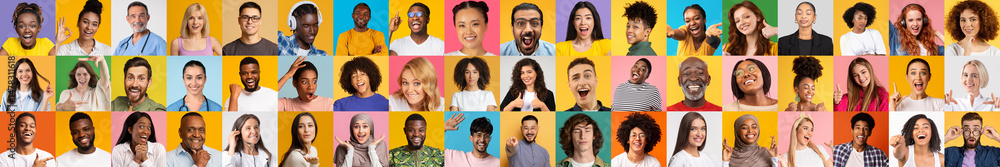 Poster a vibrant collage featuring smiling faces of diverse individuals expressing happiness and connection