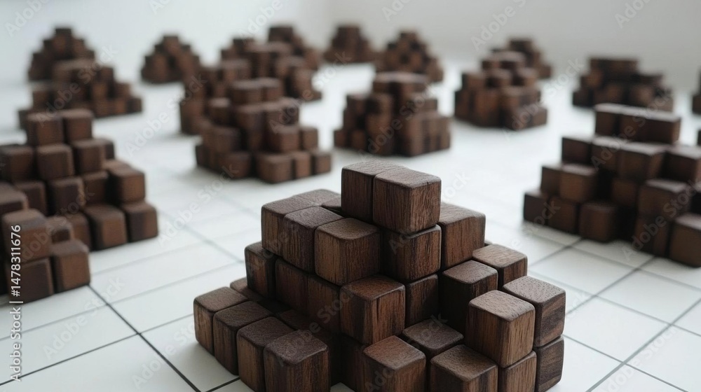 Poster wooden block formations and architectural abstract, creating a dynamic composition.