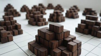 Wooden block formations and architectural Abstract, creating a dynamic composition.