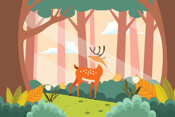 Beautiful vector illustration of a birch forest landscape with deer. Amazing forest with deer in a birch grove.