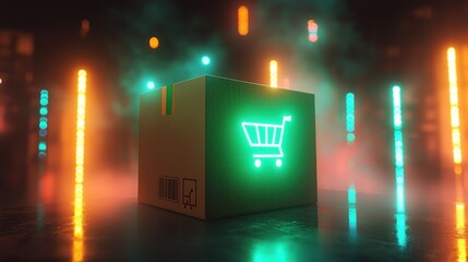 E-commerce box with a neon cart icon