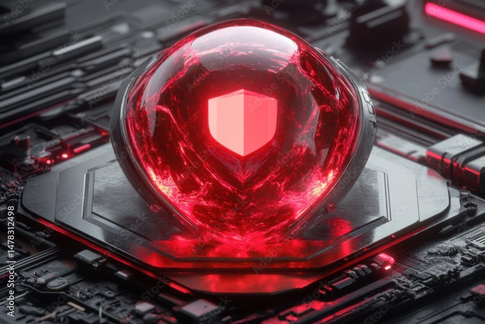 Poster cyber shield protects electronic circuit board with glowing core and secure data