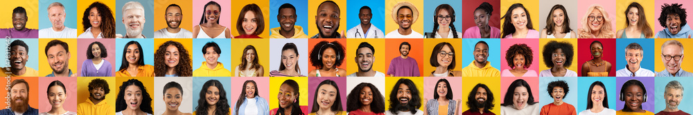 Aufkleber a vibrant collage of diverse people smiling in front of colorful backgrounds. this collection highli
