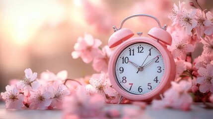 Pink alarm clock surrounded by delicate pink cherry blossom flowers with soft sunlight background creating a peaceful spring morning atmosphere