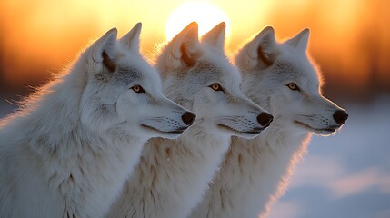Obraz premium Three arctic wolves at sunset