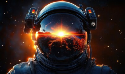Close-up view of an astronaut helmet reflecting a bright sunrise over a planet with glowing atmosphere in outer space surrounded by stars