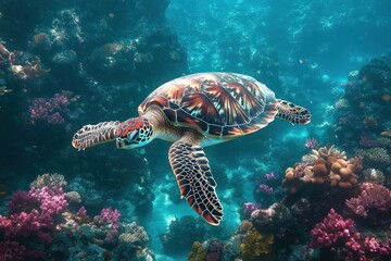 Obraz premium Colorful sea turtle swimming gracefully above vibrant coral reef under clear blue ocean water