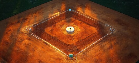 Aerial view of a brightly lit baseball field with bases and pitcher's mound bathed in golden sunlight during late afternoon