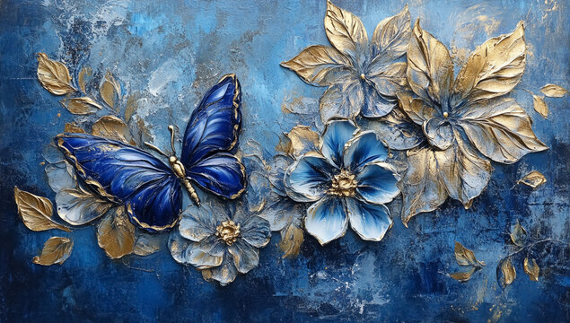 "Butterfly and Blossoms in Blue and Gold"