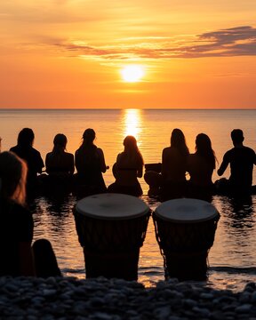 Group drumming circle beach at sunset symbolizing community and rhythm earthy organic vibe