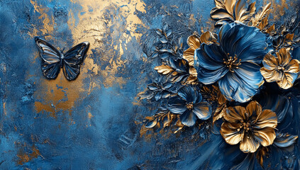 "Butterfly and Blossoms in Blue and Gold"