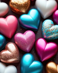 Obraz premium Close-up of colorful shiny and glittery heart-shaped objects in blue, pink, white, and golden colors evoking feelings of love and celebration
