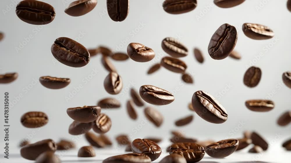 Poster floating coffee beans in outer space on a plain white background