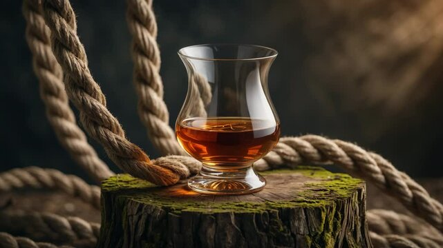 Whiskey glass in a snifter with rope on a rustic stump against a dark background.