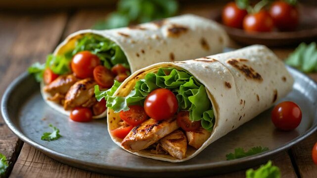 Close-up shot of a fajita wrap sandwich resting on wood.