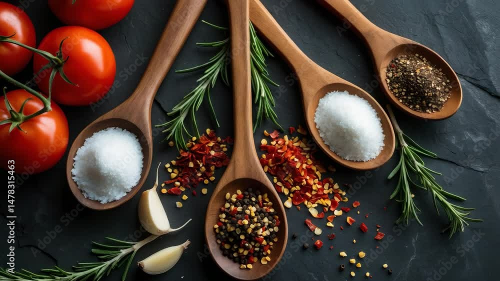 Poster colorful spices displayed in spoons with tomatoes on a background.