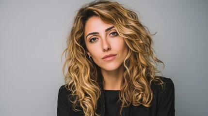 Confident Young Woman with Curly Hair Posing Against a Neutral Background
