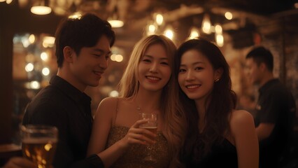 Fototapeta premium Celebration with friends trendy bar social gathering vibrant atmosphere close-up joyful connections