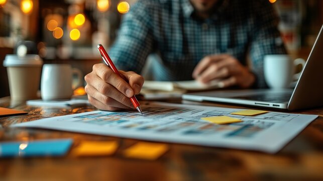 Focused worker creating design documents at a cafe
