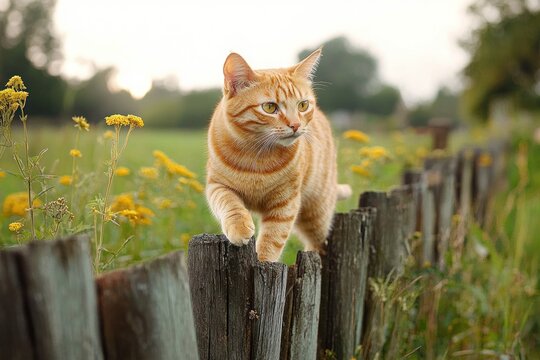 ginger cat walking confidently on old wooden fence surrounded by yellow wildflowers in a green field during soft daylight