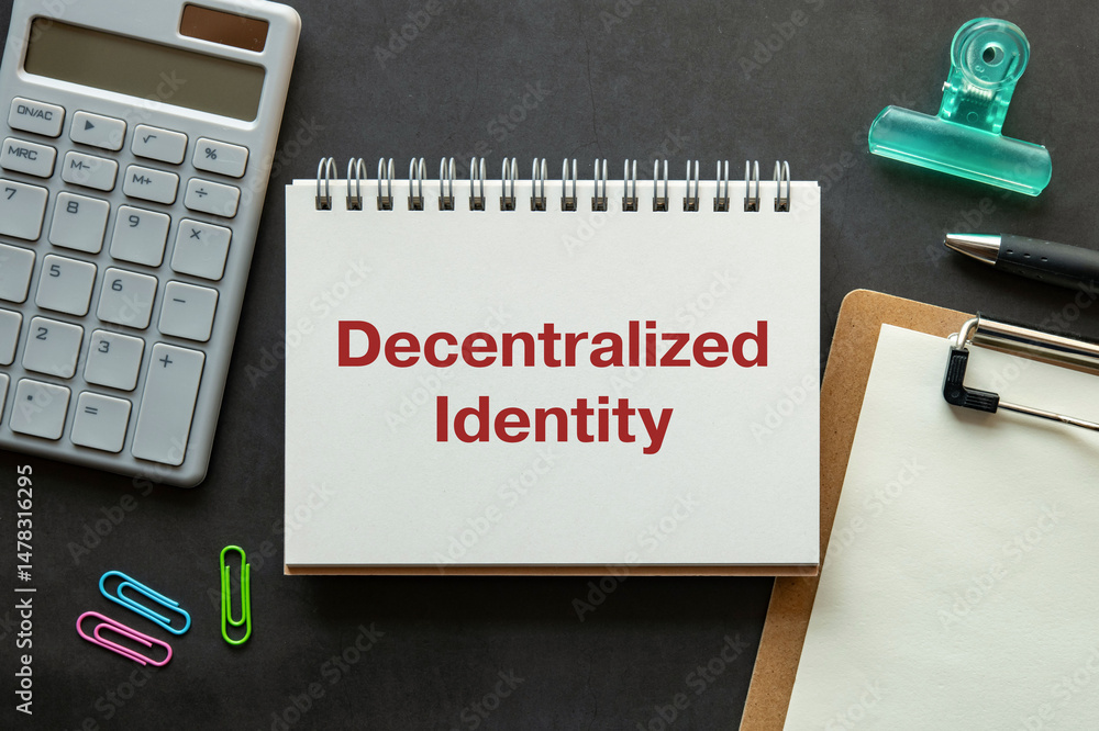 Poster there is notebook with the word decentralized identity. it is as an eye-catching image.