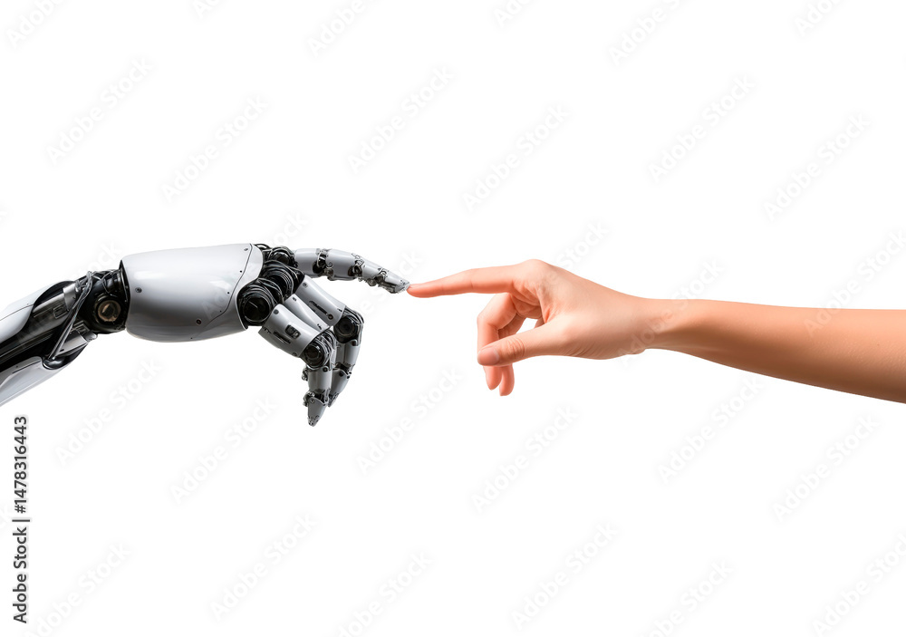 Poster robot and human hand touching their index finger, gesture isolated on transparent background