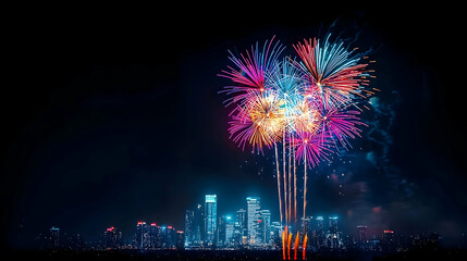 Colorful Fireworks Over City Skyline At Night