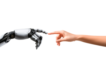 Robot and human hand touching their index finger, gesture isolated on transparent background