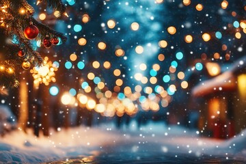 Snowy City Street At Night With Christmas Lights