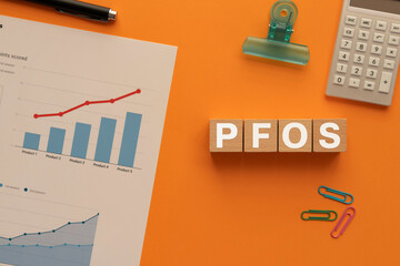 There is wood cube with the word PFOS. It is an abbreviation for Per Fluoro Octane Sulfonicacid as...