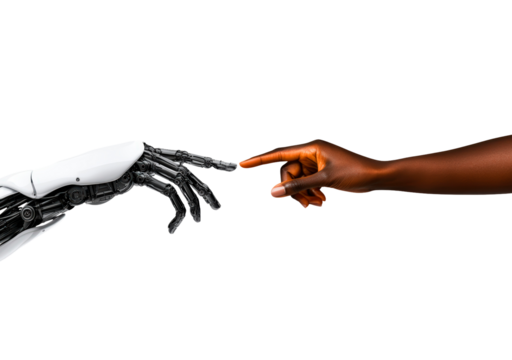 Human and robotic hands poised to connect in a symbol of technology and humanity's collaboration isolated on transparent background