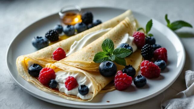 Crepes or thin pancakes with cream cheese, fresh berries, and honey.