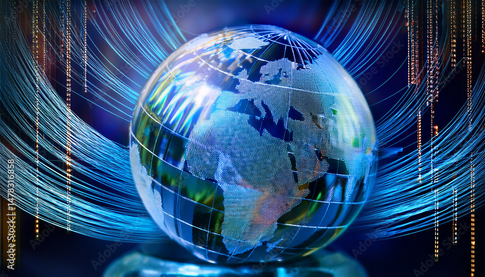 Aufkleber a crystal globe is shown with fibre optics processing data in the background