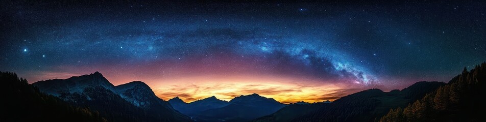 Starry night sky with a visible arch of the Milky Way above silhouetted mountain peaks and a glowing horizon at sunset