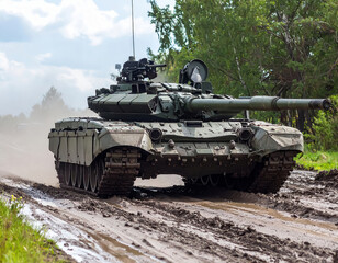 Military tank on a muddy road