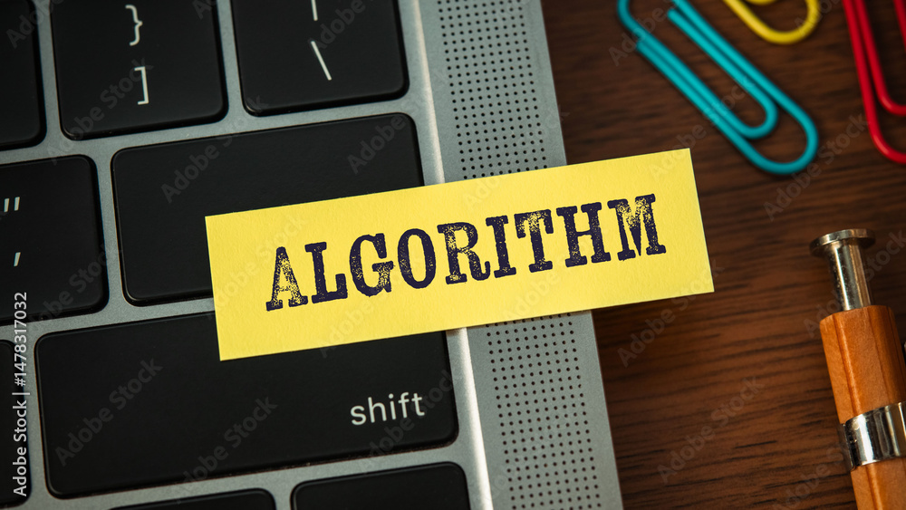 Poster there is sticky note with the word algorithm. it is as an eye-catching image.