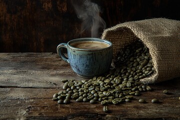 Dark Still Life Of Coffee Beans And Cup