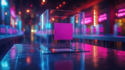 Transparent box with pink note on table in neon-lit space