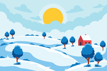 Winter snow landscape and red houses,  with snowflakes falling from sky. Christmas winter scenery of cold weather.