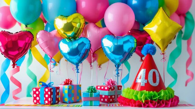 Festive birthday scene featuring balloons, streamers, party hat, and presents