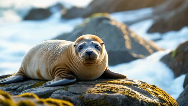 Fur Seals relaxing under the sun on a rock, staring towards the camera