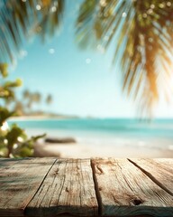 Fototapeta premium Weathered Wooden Planks with Blurred Tropical Beach Background