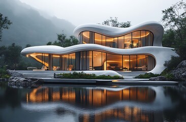 Modern White House Mockup with Curved Design Reflecting in Lake – Architectural Visualization with Lush Greenery and Misty Mountains


