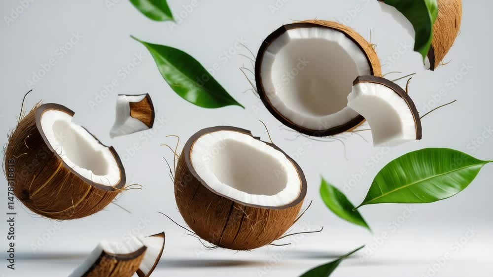 Poster isolated coconut. slice and chunk of coconut with leaves in the background. broken coconut in flight