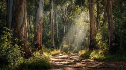 Obraz premium Sunlit Path Through Majestic Eucalyptus Forest Tranquil Nature Scene Serene Woodland Trail Picturesque Landscape Photography Breathtaking Scenery 
