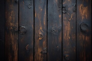 Fototapeta premium close-up view of dark stained wooden planks with visible wood grain and knots creating a rustic textured surface