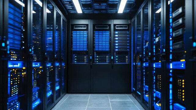 Bright blue equipment in a dark big data server room